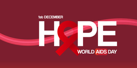 Hope lettering design with red ribbon. World AIDS DAY 1 december banner with red ribbon. World HIV awareness day starts in 1 December. Red ribbon with text background. World AIDS Day posterのイラスト素材