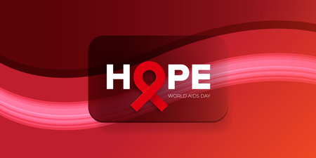 Hope lettering design with red ribbon. World AIDS DAY 1 december banner with red ribbon. World HIV awareness day starts in 1 December. Red ribbon with text background. World AIDS Day posterのイラスト素材