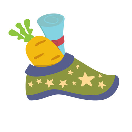 Winter Childrens green boot with carrot and letter for St Nicholas day inside, symbol of Sinterklaas. Sinterklaas cartoon hand drawn shoes with carrot and scroll. Saint Nicholas Day Dutch Holidayのイラスト素材