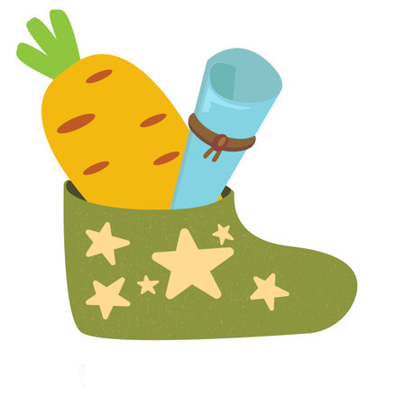 Winter Childrens green boot with carrot and letter for St Nicholas day inside, symbol of Sinterklaas. Sinterklaas cartoon hand drawn shoes with carrot and scroll. Saint Nicholas Day Dutch Holidayのイラスト素材