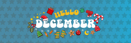 Hello December banner design template with santa hat, christmas tree, candy, hat, mittens, stars,...