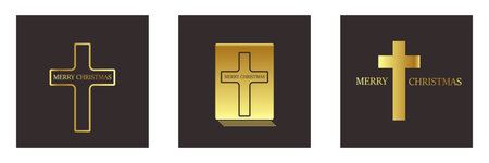 Merry Christmas Christian golden geometric background collection with golden text and cross. Merry Christmas minimalistic poster set, social media post layout, square banner design template setのイラスト素材