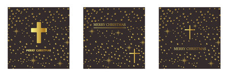 Merry Christmas Christian golden geometric background collection with golden text,night sky stars and cross. Merry Christmas minimalistic poster set, social media post layout, square banner templateのイラスト素材