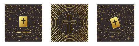 Merry Christmas Christian golden geometric background collection with golden text,night sky stars and cross. Merry Christmas minimalistic poster set, social media post layout, square banner templateのイラスト素材