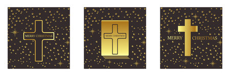 Merry Christmas Christian golden geometric background collection with golden text,night sky stars and cross. Merry Christmas minimalistic poster set, social media post layout, square banner templateのイラスト素材