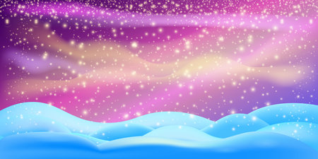 Realistic cartoon Christmas snow hills with falling snowflakes and northern lights background. Winter wide landscape design element with blue snow. Minimal north pole composition with snowy fieldsのイラスト素材
