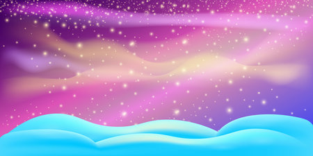 Realistic cartoon Christmas snow hills with falling snowflakes and northern lights background. Winter wide landscape design element with blue snow. Minimal north pole composition with snowy fieldsのイラスト素材