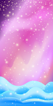Realistic cartoon Chhristmas snow hills with falling snowflakes and northern lights vertical background. Winter vertical landscape design element with snow. north pole snowy fields and falling snowのイラスト素材