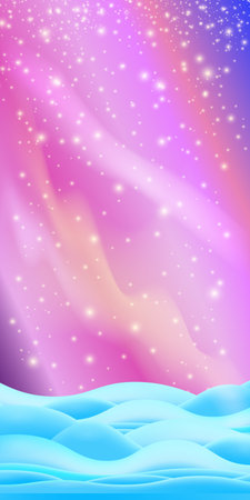 Realistic cartoon Chhristmas snow hills with falling snowflakes and northern lights vertical background. Winter vertical landscape design element with snow. north pole snowy fields and falling snowのイラスト素材