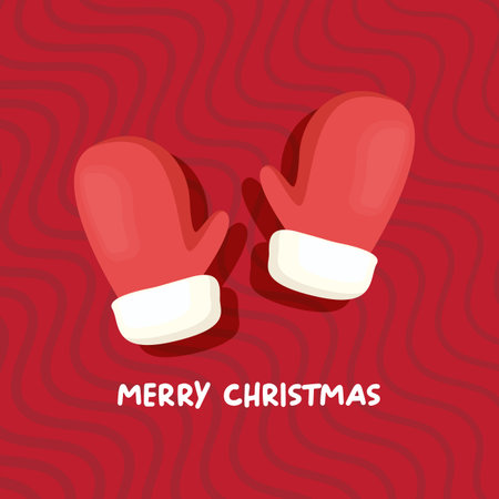 Merry Christmas greeting card and square banner vector design with cute kids warm red mittens on red abstract geometric background and greeting text. Vector merry Christmas cartoon banner with glovesのイラスト素材