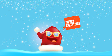Vector cartoon monster Santa Claus red hat character with sunglasses and speech bubble isolated on blue Christmas background with snow and snowflakes. Merry Christmas greeting card, poster and bannerのイラスト素材