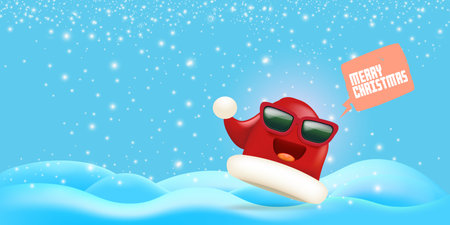 Vector cartoon monster Santa Claus red hat character with sunglasses and speech bubble isolated on blue Christmas background with snow and snowflakes. Merry Christmas greeting card, poster and bannerのイラスト素材