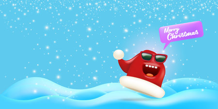 Vector cartoon monster Santa Claus red hat character with sunglasses and speech bubble isolated on blue Christmas background with snow and snowflakes. Merry Christmas greeting card, poster and bannerのイラスト素材