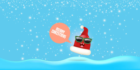 Vector cartoon monster Santa Claus red hat character with sunglasses and speech bubble isolated on blue Christmas background with snow and snowflakes. Merry Christmas greeting card, poster and bannerのイラスト素材