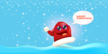 Vector cartoon monster Santa Claus red hat character with sunglasses and speech bubble isolated on blue Christmas background with snow and snowflakes. Merry Christmas greeting card, poster and bannerのイラスト素材