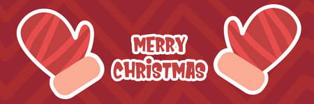 Merry Christmas horizontal banner and flyer vector design with cute kids warm red mittens on red abstract geometric background and greeting text. Vector merry Christmas cartoon banner with glovesのイラスト素材