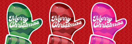 Merry Christmas horizontal banner and flyer vector design with cute kids warm red mittens on red abstract geometric background and greeting text. Vector merry Christmas cartoon banner with glovesのイラスト素材