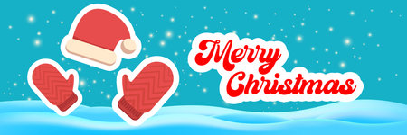 Merry Christmas horizontal banner and flyer vector design with cute kids warm red mittens on snowy hills landscape background and greeting text. Vector merry Christmas cartoon banner with glovesのイラスト素材