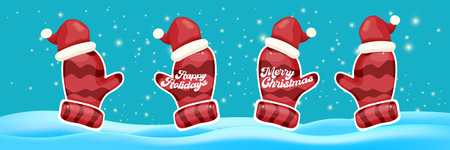 Merry Christmas horizontal banner and flyer vector design with cute kids warm red mittens on snowy hills landscape background and greeting text. Vector merry Christmas cartoon banner with glovesのイラスト素材