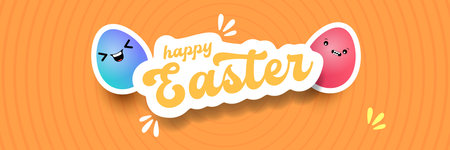 Happy Easter Bright orange horizontal header with text and friendly egg mascot character. Trendy seasonal banner for website backgrounds, social media promotions, and retail shop advertisements.のイラスト素材