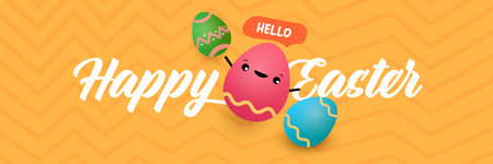 Happy Easter Bright orange horizontal header with text and friendly egg mascot character. Trendy...