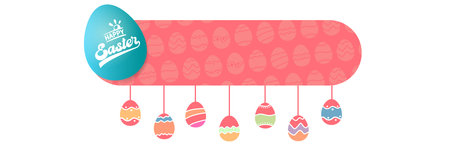 Happy Easter horizontal web banner with turquoise egg lettering and colorful eggs, festive pink patterned header isolated on white. Creative Easter greeting card banner with hand-drawn letteringのイラスト素材