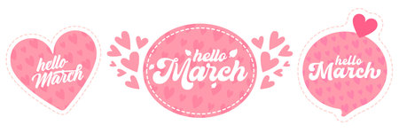Hello March spring greeting banner with pink heart pattern and stitched border, romantic horizontal header template isolated on white. Hello March speech bubble setのイラスト素材