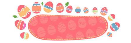 Cute Easter frame banner with pink egg pattern and spring elements isolated on white background, decorative horizontal border with eggs and basket for invitations. Easter horizontal bannerのイラスト素材