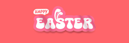 White Happy Easter script lettering with rabbit ears integrated into the font on a solid pink backdrop. Simple and stylish horizontal holiday banner for spring celebrations and social media headers.のイラスト素材