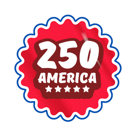250th America anniversary celebration sticker, red sunburst seal with blue border for USA Semiquincentennial 2026 isolated on white 250 America Sticker and label isolated on whiteのイラスト素材