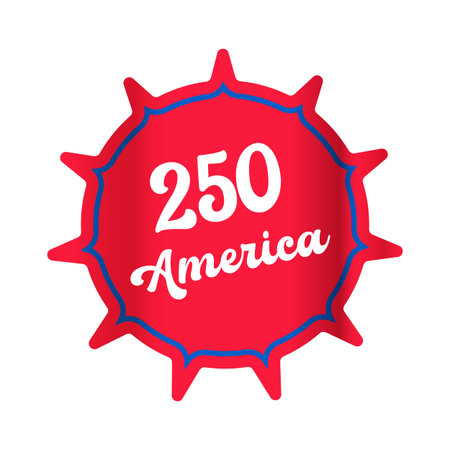 250th America anniversary celebration sticker, red sunburst seal with blue border for USA Semiquincentennial 2026 isolated on white 250 America Sticker and label isolated on whiteのイラスト素材