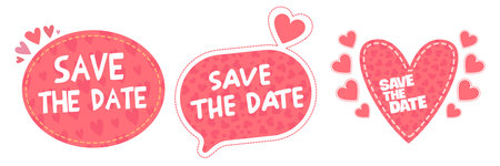 Save the Date stickers set with pink heart patterns and dashed borders, romantic frames for wedding invitations and engagement announcements isolated on white. Stylish Save the Date badge setのイラスト素材