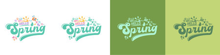 Hello Spring lettering set with nature doodles and eco icons, green typography collection for seasonal branding and environmental projects. Vector Hello Spring sticker lettering collectionのイラスト素材