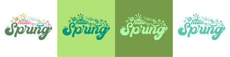 Hello Spring lettering set with nature doodles and eco icons, green typography collection for seasonal branding and environmental projects. Vector Hello Spring sticker lettering collectionのイラスト素材