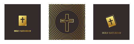 Holy Saturday golden cross posters on black background, minimalist religious Easter week square card set with Bible and crucifix icons. Elegant set of three Holy Saturday square designs bannersのイラスト素材
