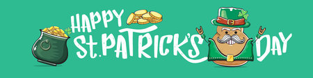 Funny St. Patricks Day wide banner with rock star potato character in leprechaun hat, Irish holiday...