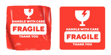 Fragile handle with care red square sticker set. Delivery shipping labels with broken glass icon and thank you text. Fragile Realistic textured and flat vector signs isolated on white background.のイラスト素材