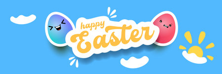 Happy Easter horizontal banner with cute smiling egg character. Funny easter cartoon illustration...