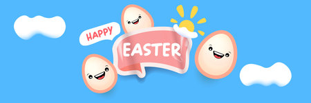 Happy Easter horizontal banner with cute smiling egg character. Funny easter cartoon illustration with sun and clouds on blue sky background for kids holiday celebration. Vector graphic art.のイラスト素材