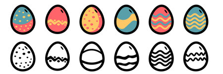 Easter eggs sticker set with colorful patterns and black outlines. Collection of decorated egg icons for holiday design, spring crafts, and coloring isolated on white background vector art.のイラスト素材