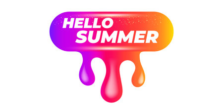 Hello Summer lettering on colorful dripping background. Hello summer Neon pink, orange and purple gradient banner with melting paint liquid drops for seasonal promotion isolated on white. Vectorのイラスト素材