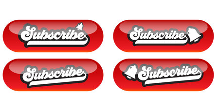 Retro Subscribe button set. Red glossy UI elements with notification bell icon and vintage script typography for social media and video channels. Modern call to action vector art on white.のイラスト素材