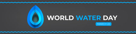 World Water Day wide horizontal banner for March 22. Blue water drop icon with wave patterns on dark grey background. Modern water day environmental awareness poster design. Vector illustration.のイラスト素材