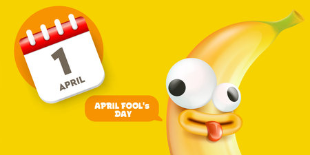 April Fools Day horizontal banner. Funny banana character with crazy eyes and calendar icon on yellow background. Creative holiday promotion for April 1st. Modern vector illustrationのイラスト素材