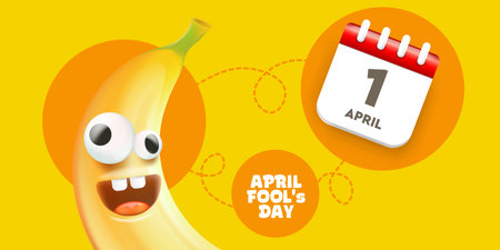 April Fools Day horizontal banner. Funny banana character with crazy eyes and calendar icon on yellow background. Creative holiday promotion for April 1st. Modern vector illustrationのイラスト素材