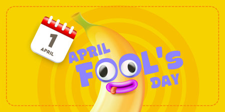 April Fools Day horizontal banner. Funny banana character with crazy eyes and calendar icon on yellow background. Creative holiday promotion for April 1st. Modern vector illustrationのイラスト素材