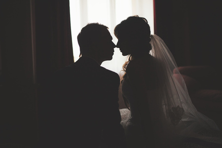A silhouette of a bride and groom kissing in front of a narrow window.の写真素材
