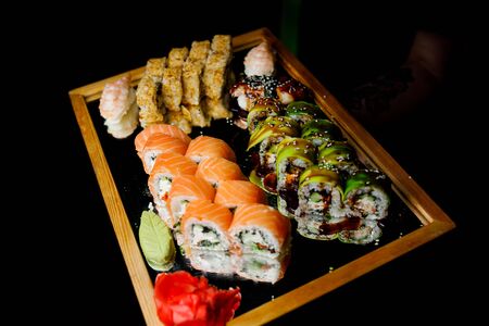 Different types of sushi on the tray.の写真素材