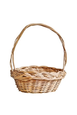 vintage weave basket isolated on white backgroundの写真素材