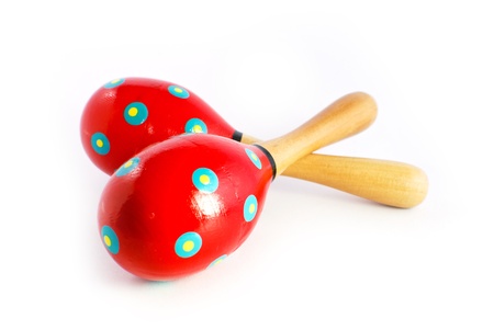 colorful wooden toy maracas music percussion instrument isolated on white backgroundの写真素材